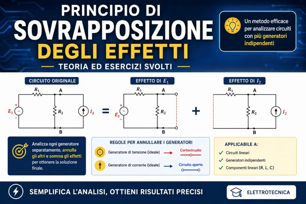 Schema del Principio di Sovrapposizione degli Effetti con circuito elettrico, generatori indipendenti ed esempio di analisi dei circuiti lineari.