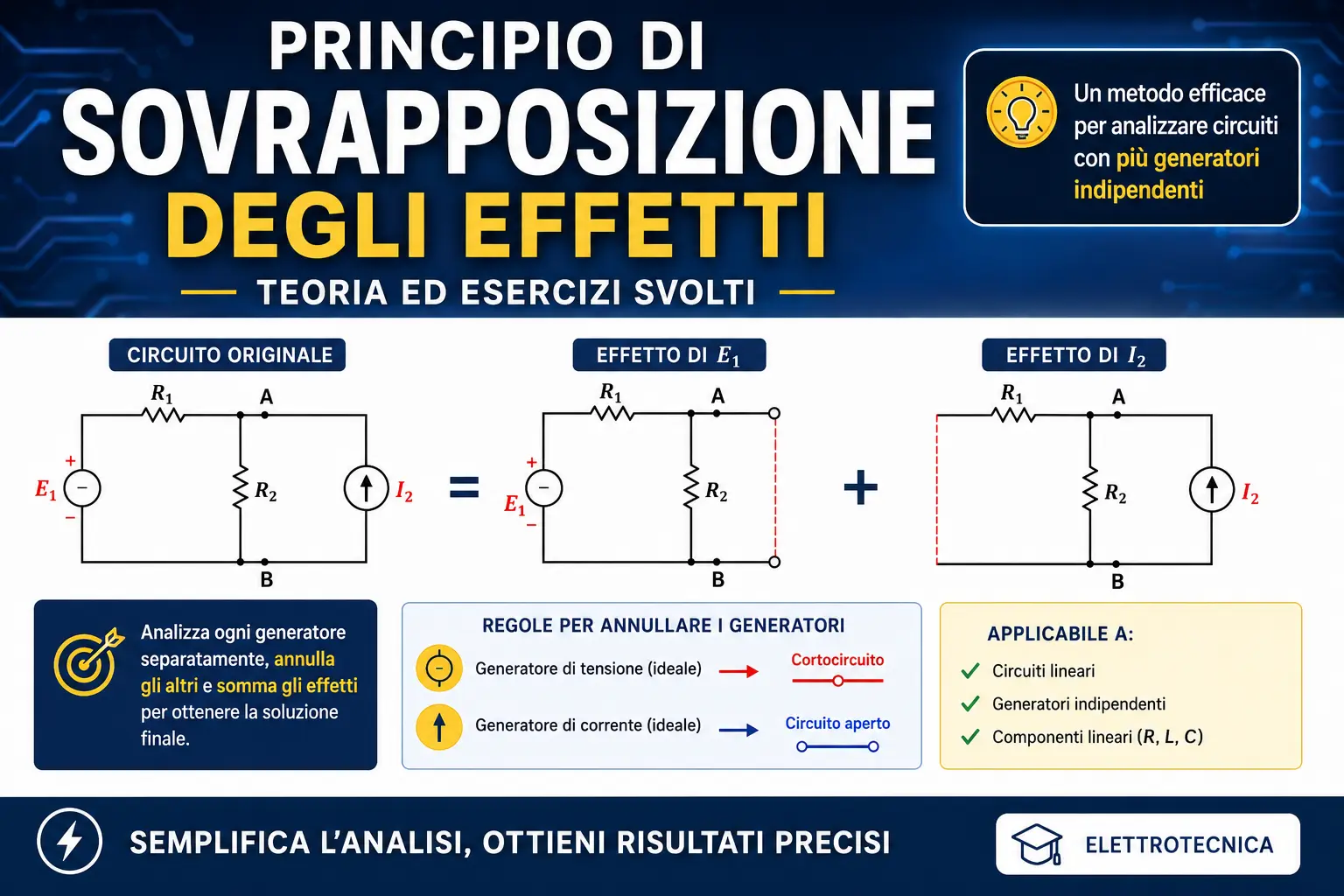 Schema del Principio di Sovrapposizione degli Effetti con circuito elettrico, generatori indipendenti ed esempio di analisi dei circuiti lineari.