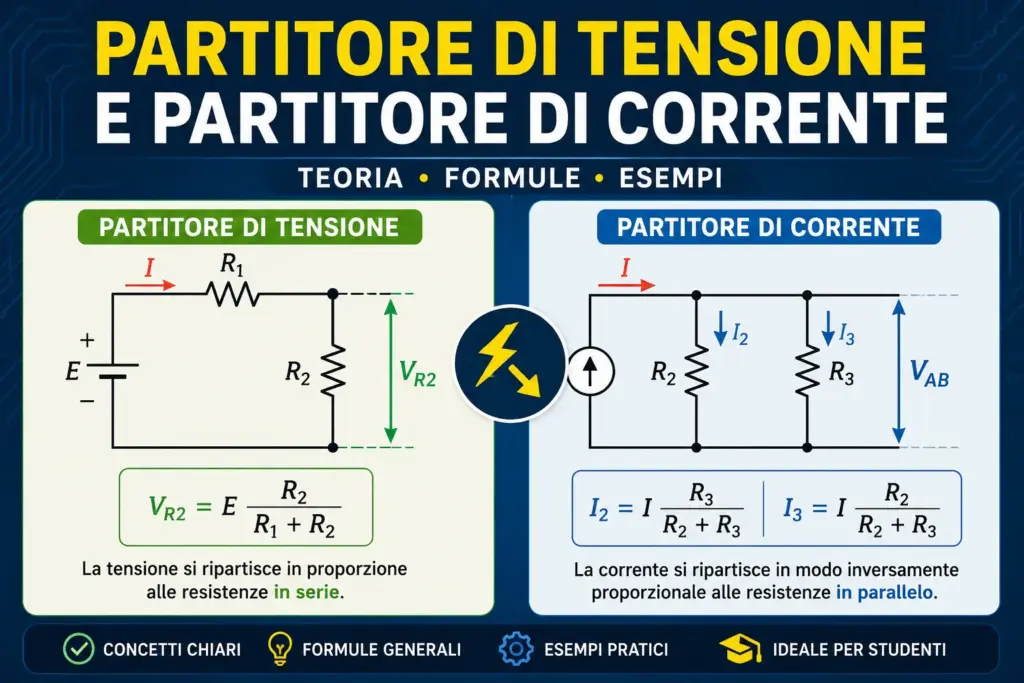 Schema elettrico di un partitore di tensione e partitore di corrente con resistenze"