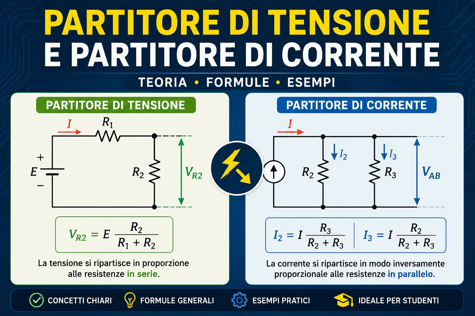 Schema elettrico di un partitore di tensione e partitore di corrente con resistenze"