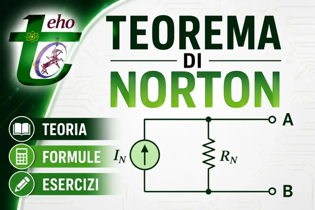 Schema del Teorema di Norton con circuito equivalente, generatore di corrente, resistenza equivalente, formule ed esercizi svolti.