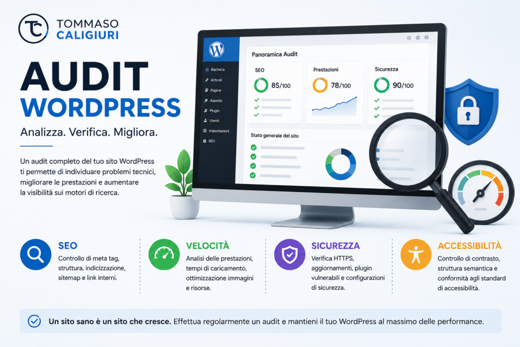 Analisi Audit WordPress con controllo SEO velocità sicurezza e accessibilità del sito web
