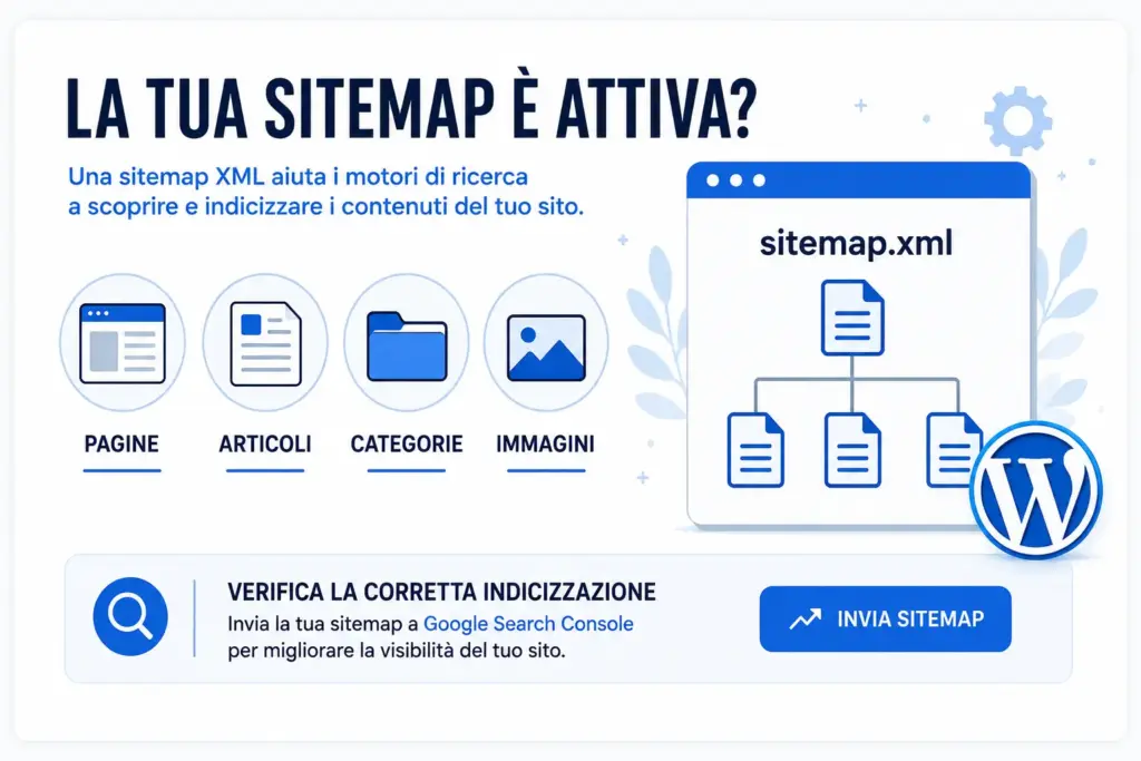 Sitemap WordPress XML con pagine, articoli, categorie e immagini per migliorare l'indicizzazione del sito sui motori di ricerca