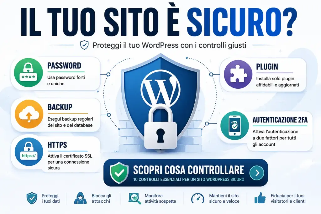 Controlli di sicurezza WordPress con password sicure, backup, HTTPS, plugin affidabili e autenticazione a due fattori