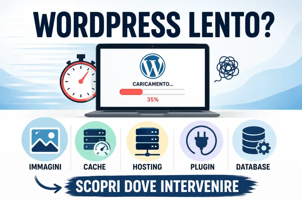 WordPress lento a causa di immagini pesanti, cache non ottimizzata, hosting inadeguato, plugin e problemi di database